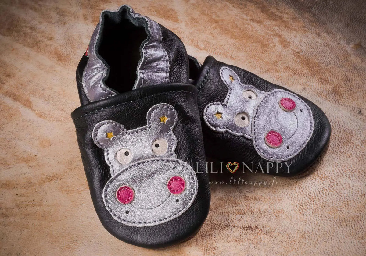 Chaussons cuir souple hippo argent/rose Carozoo