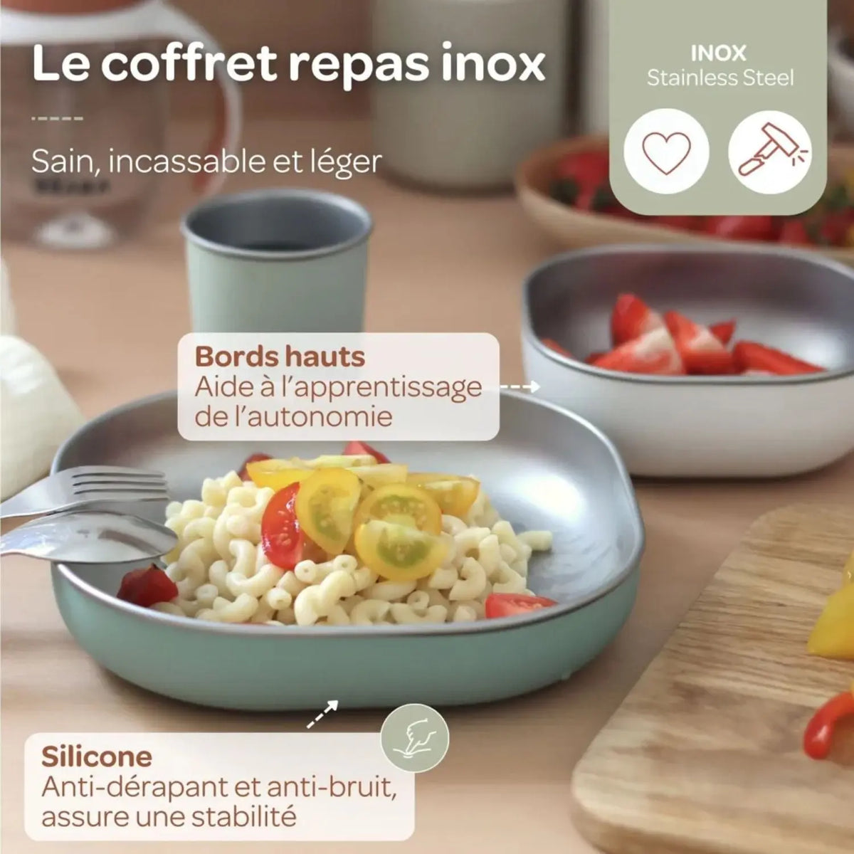 Coffret repas bébé inox Béaba - Sage green