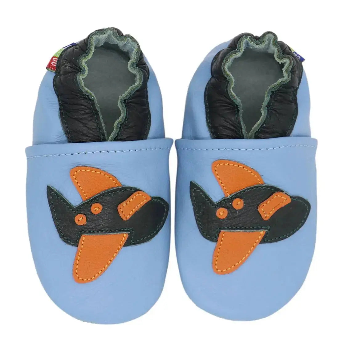 Chaussons cuir souple Carozoo - Avion fond bleu - Lilinappy