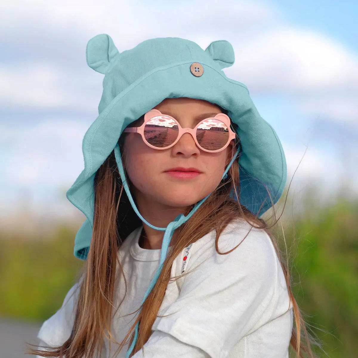 Chapeau de soleil ajustable ManyMonths avec oreilles d'ourson - Naturel