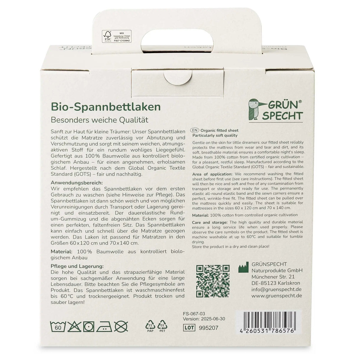 Drap-housse bébé en coton bio – Grünspecht