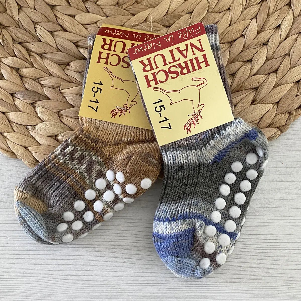 Chaussettes en pure laine antidérapantes pour enfants Hirsch Natur Gris/bleu - Lilinappy