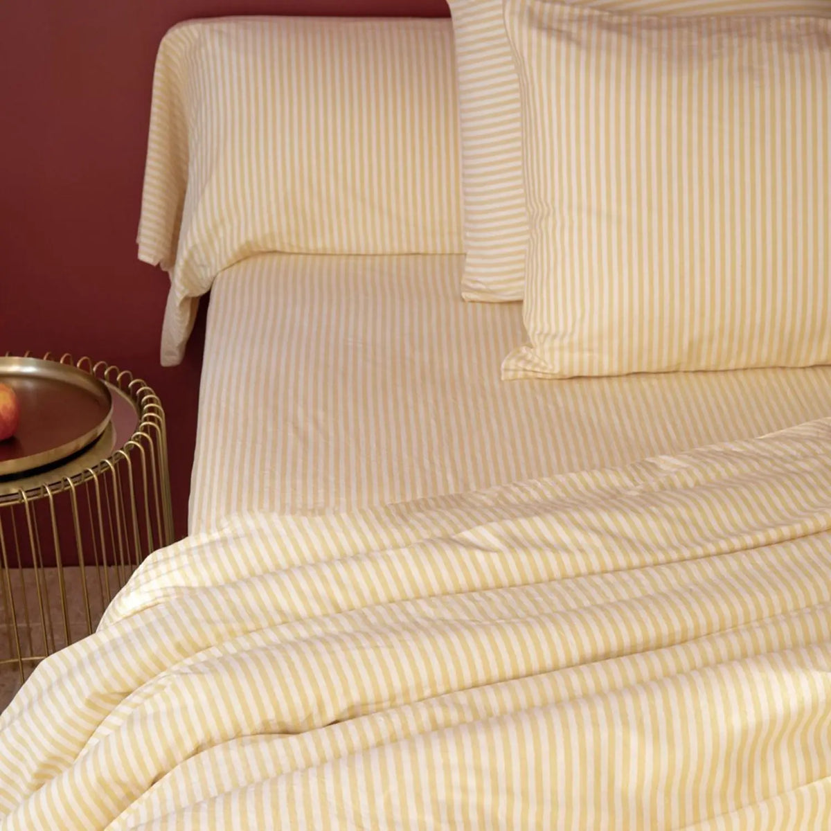 Drap housse coton bio Kadolis pour lit adulte - Rayures jaunes