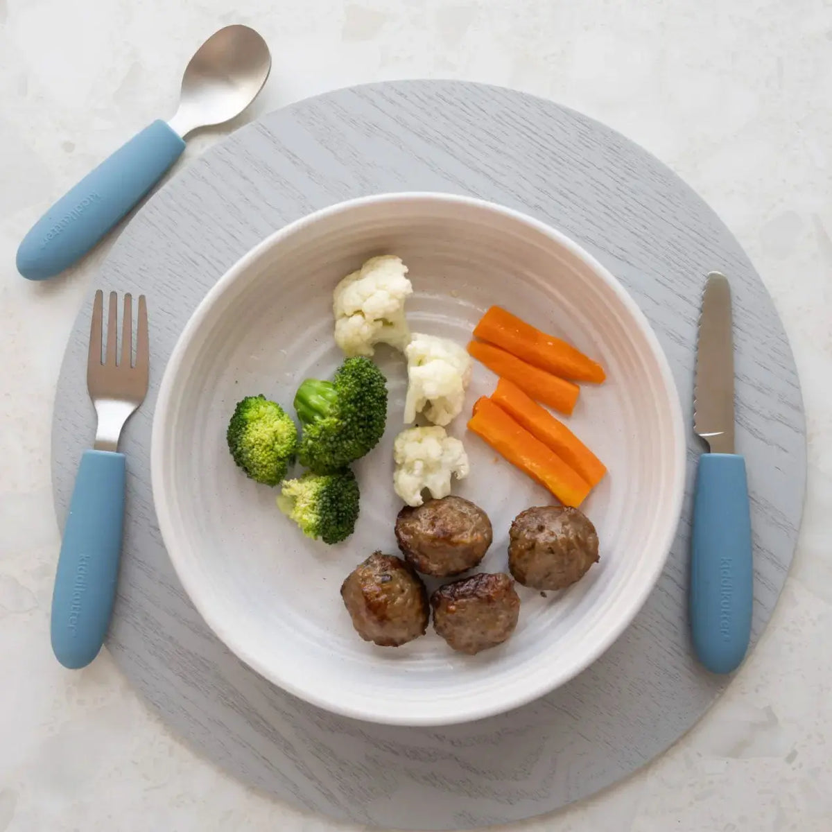 Set de couverts enfant en inox & silicone KiddiKutter - Bleu