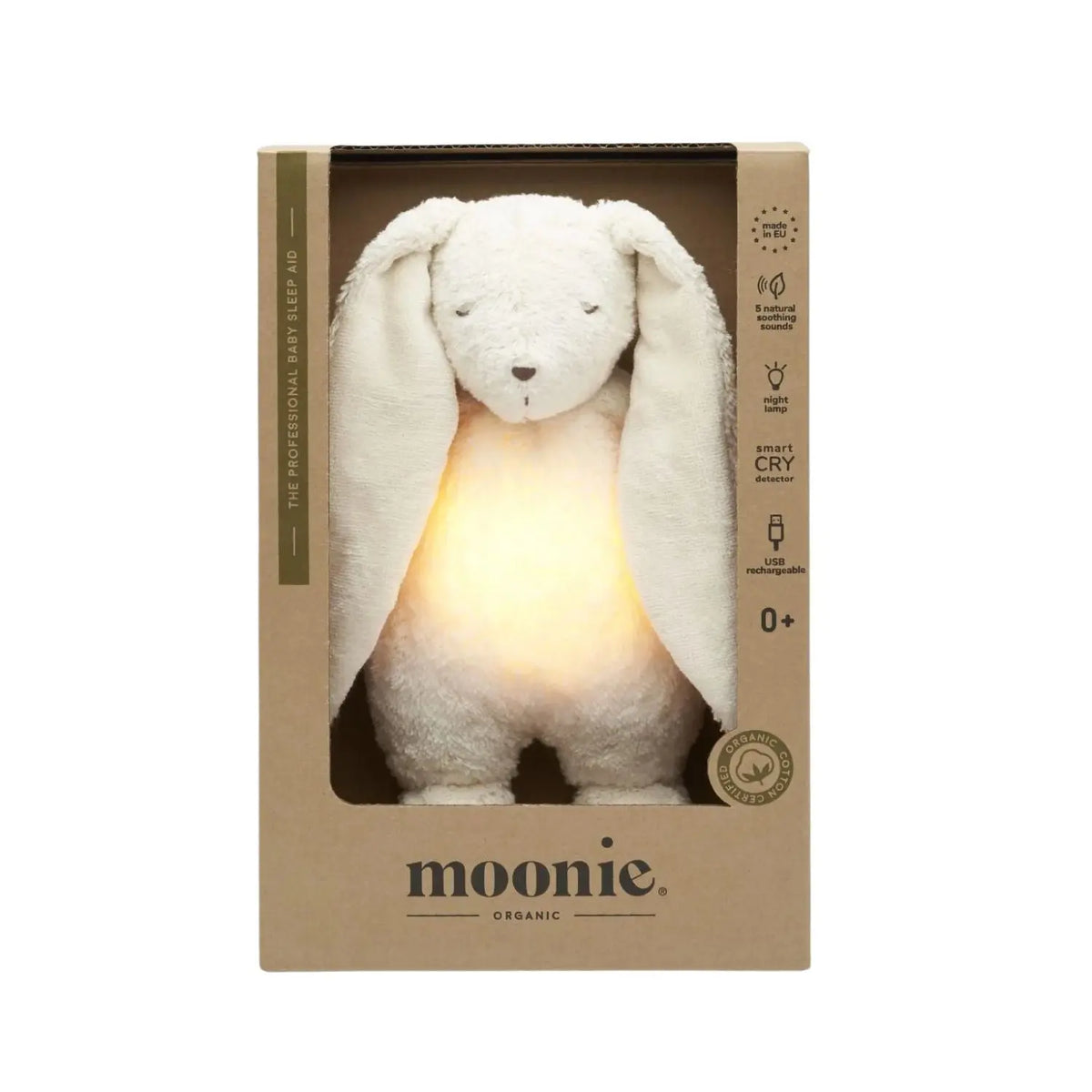 Peluche bruit rose bébé Moonie - Nature bio Lapin blanc polaire