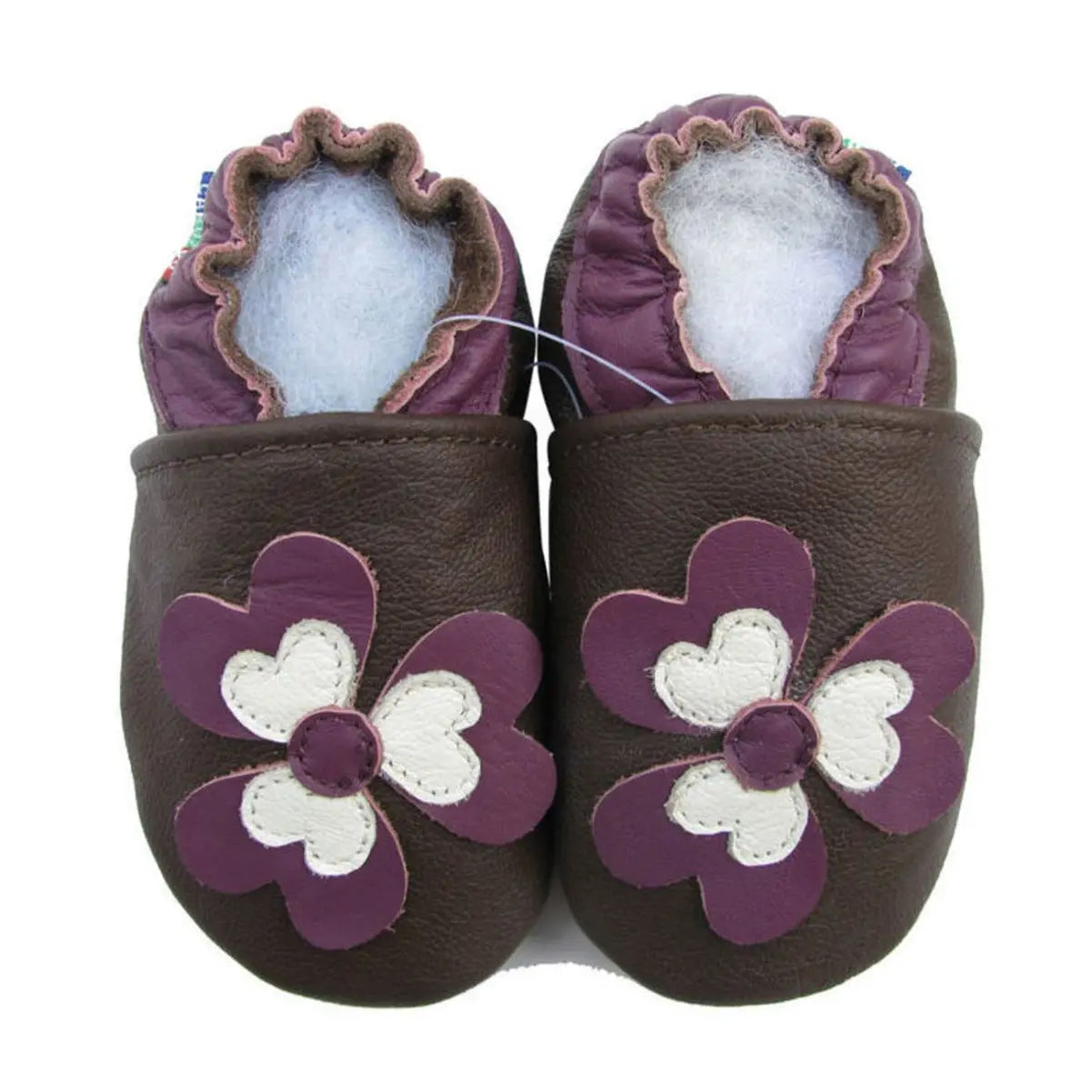Chaussons cuir souple fleurs violine Carozoo