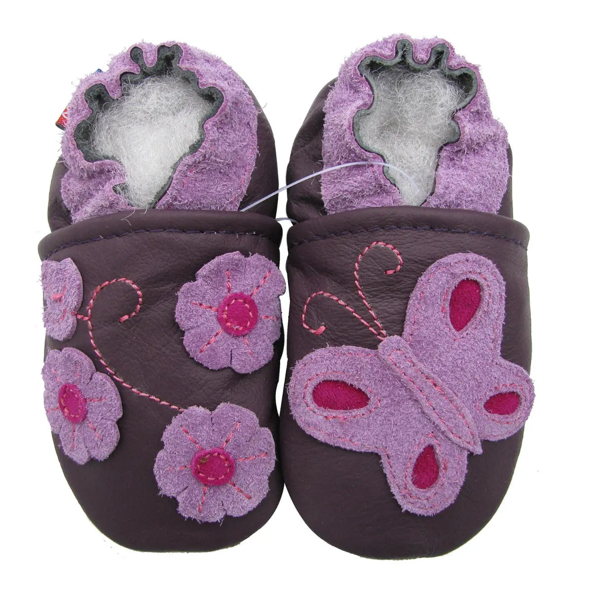Chaussons cuir souple papillons/fleurs fond violine - Lili Nappy