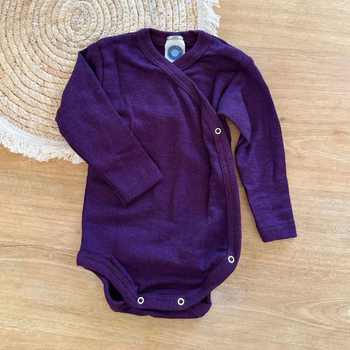 Body à manches longues ouvert devant en laine et soie Cosilana Violet 