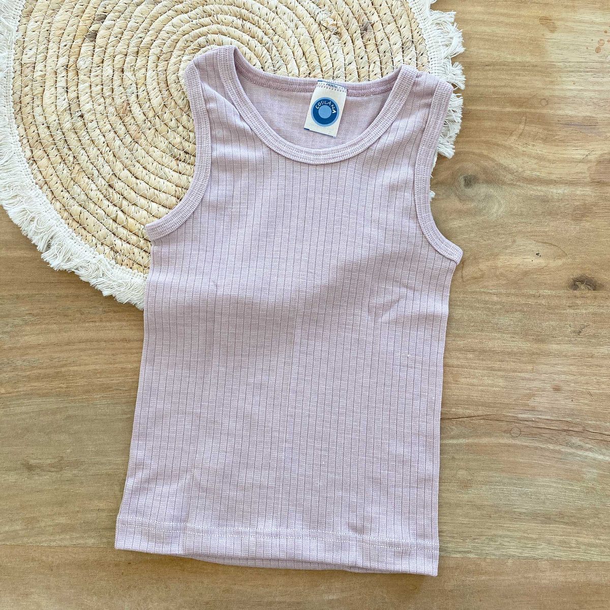 Débardeur enfant laine mérinos, soie & coton bio Cosilana – Poudre 