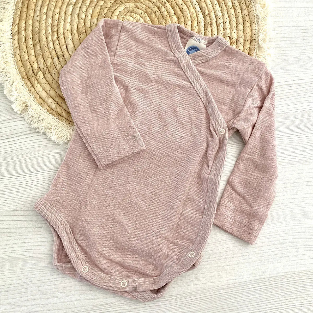 Body à manches longues ouvert devant en laine et soie Cosilana Rose - Lilinappy