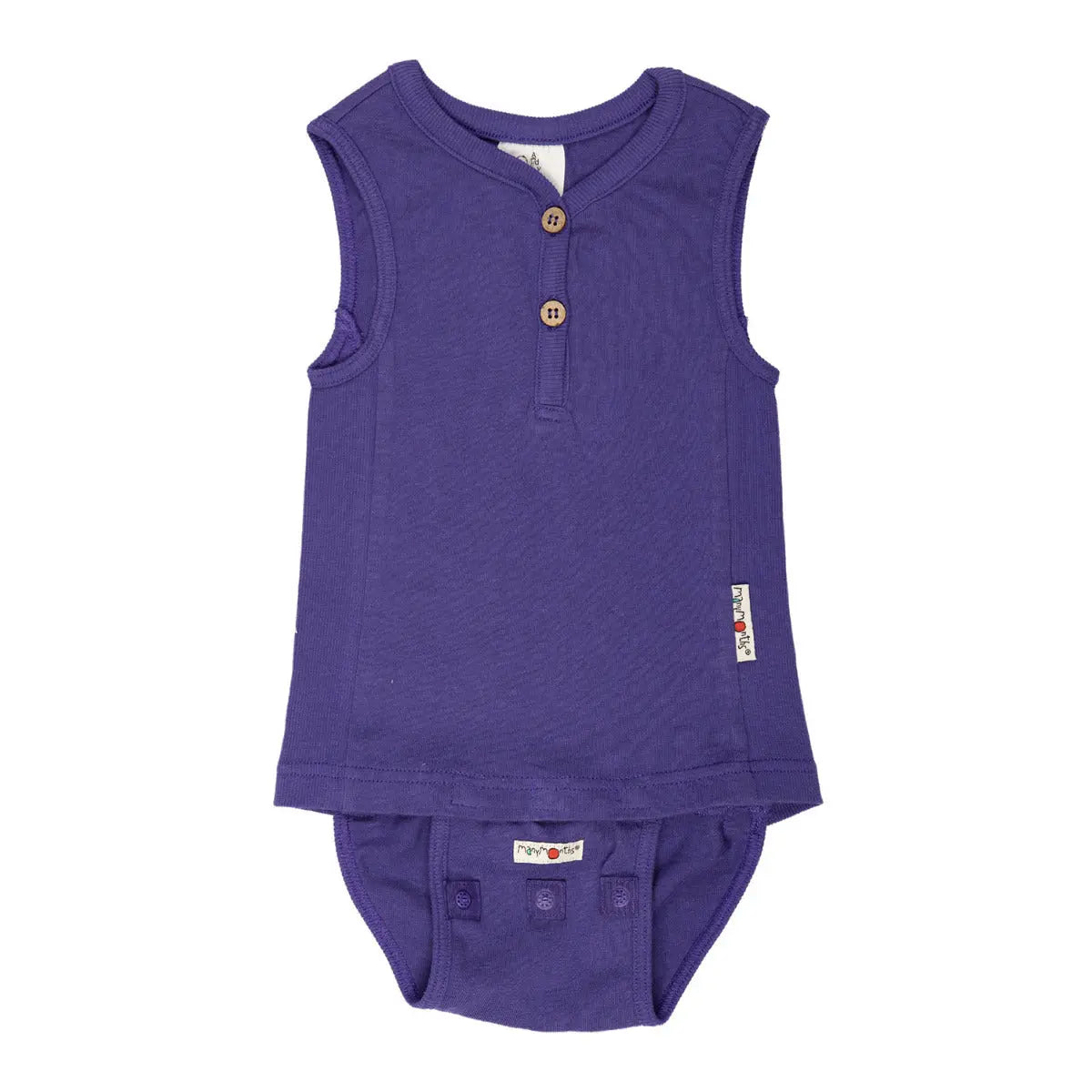 Body sans manches ManyMonths en chanvre et coton bio. Léger, confortable et respirant, idéal pour l’été ou en sous-vêtement toute l’année. Évolutif et sain pour bébé. Coloris Blue purple